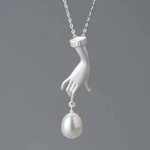 925 Sterling Silver LFJF0094 Pearl Hand Pendant Necklace Charm Jewelry