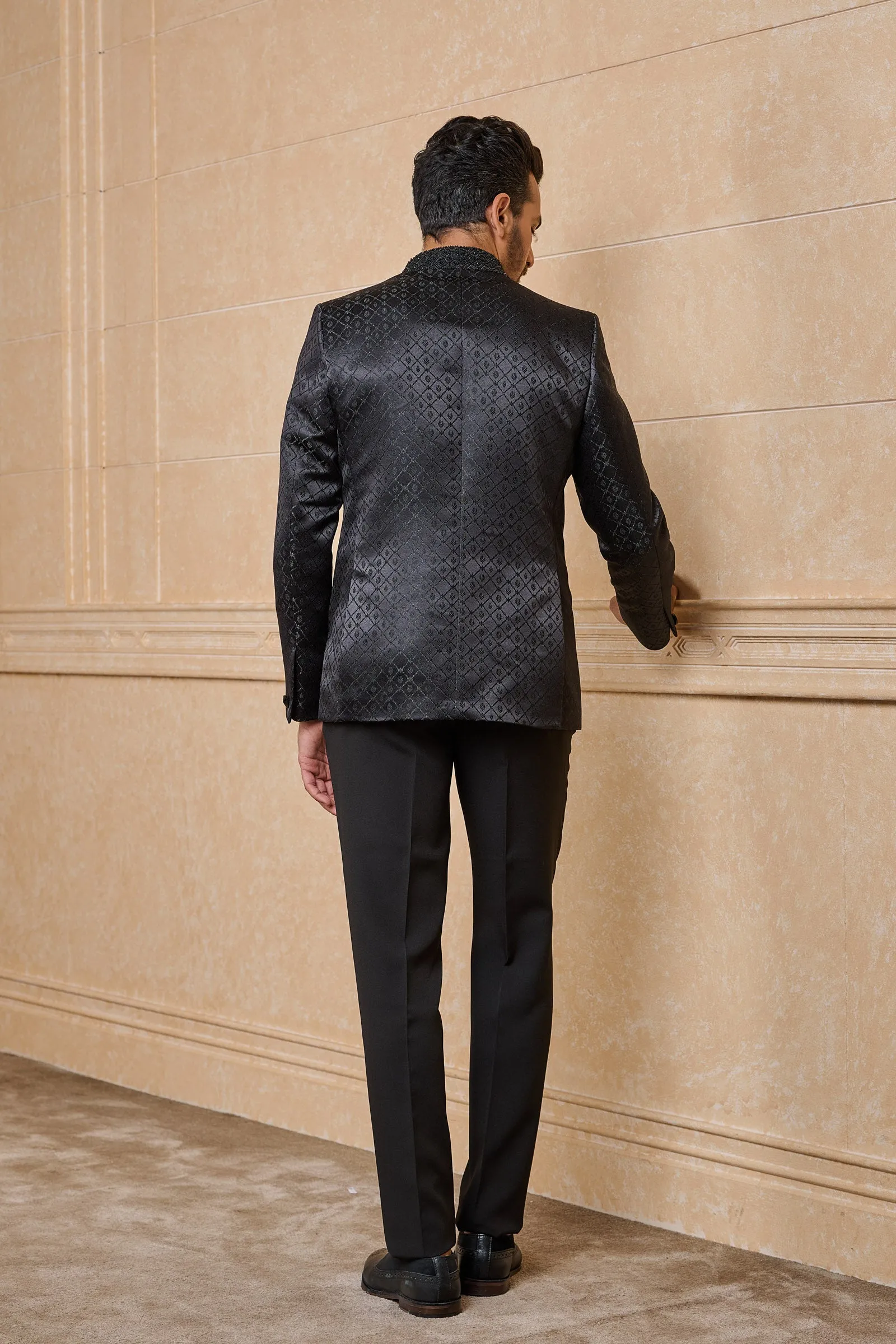 Black Jacquard Dinner Jacket With Embroidered Lapel