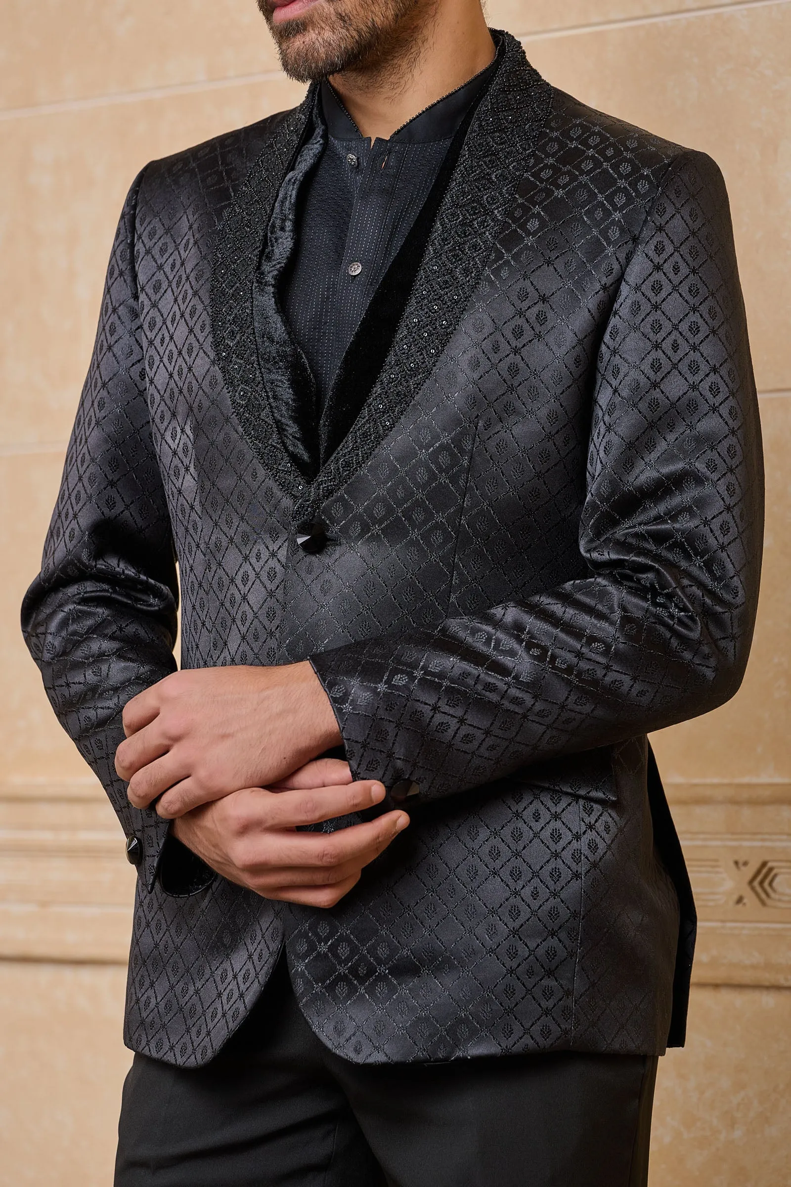 Black Jacquard Dinner Jacket With Embroidered Lapel