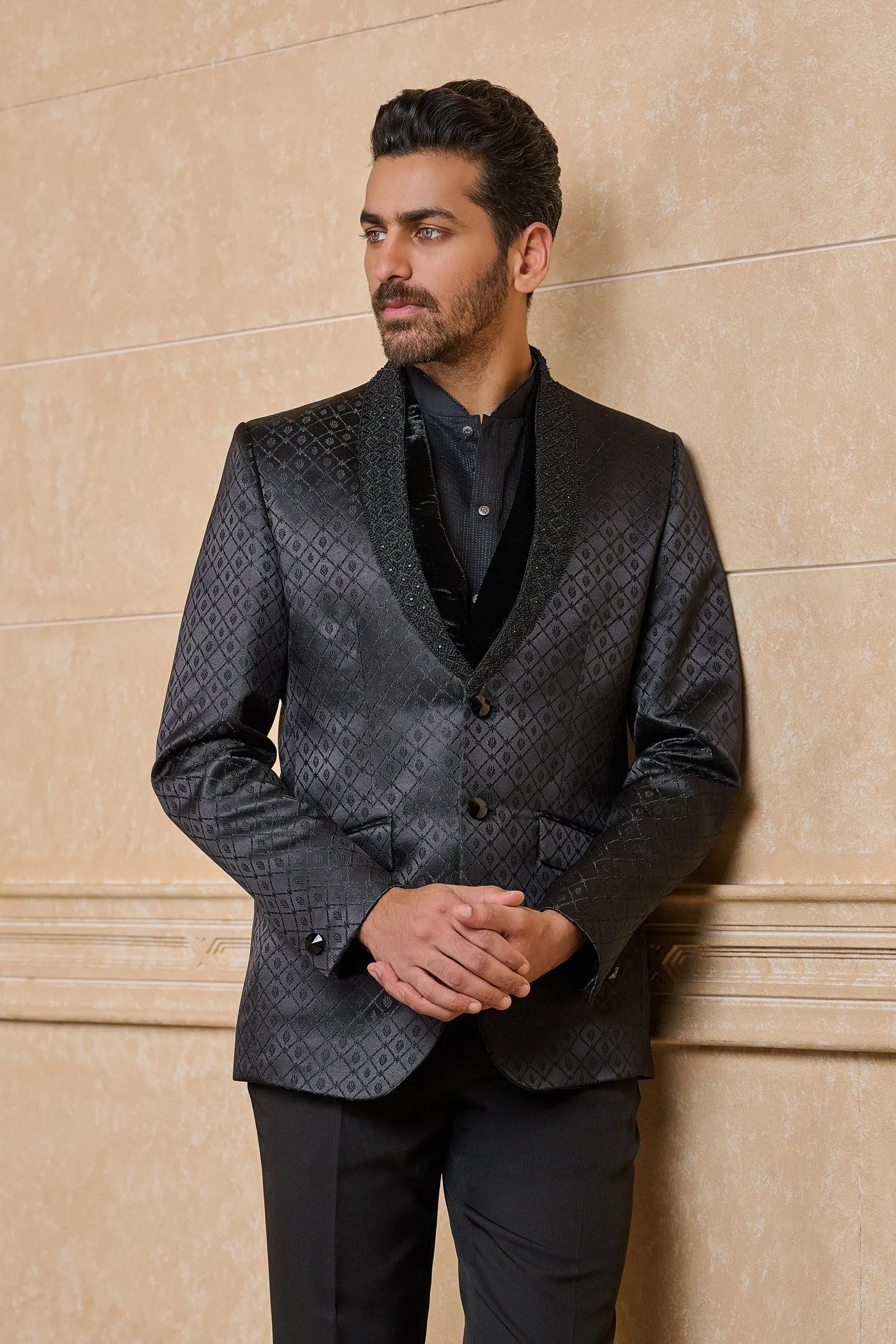 Black Jacquard Dinner Jacket With Embroidered Lapel