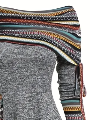 Casual Off-Shoulder Dress with Long Sleeves and A-line Cut