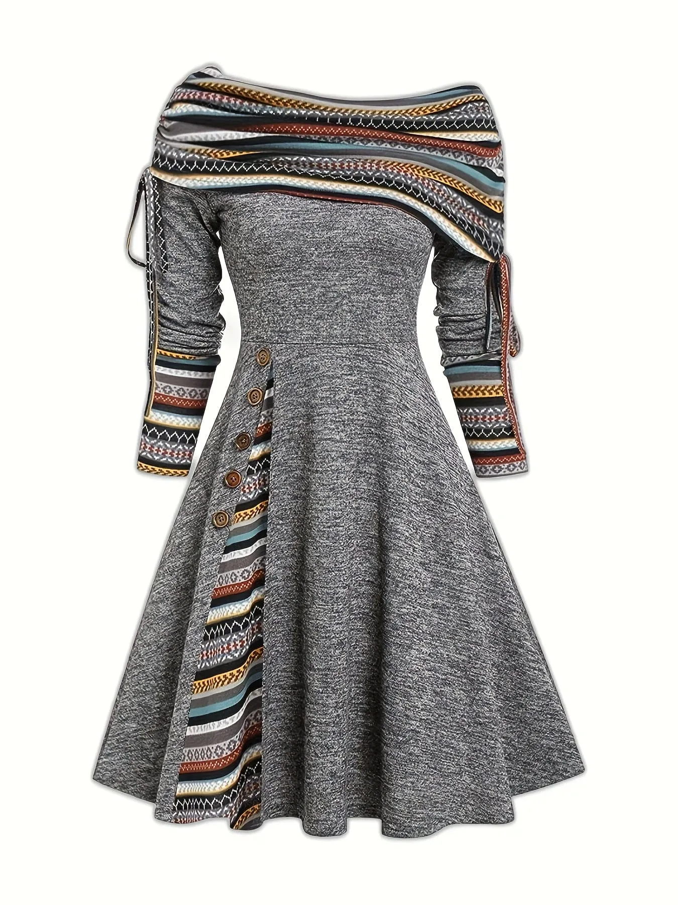 Casual Off-Shoulder Dress with Long Sleeves and A-line Cut