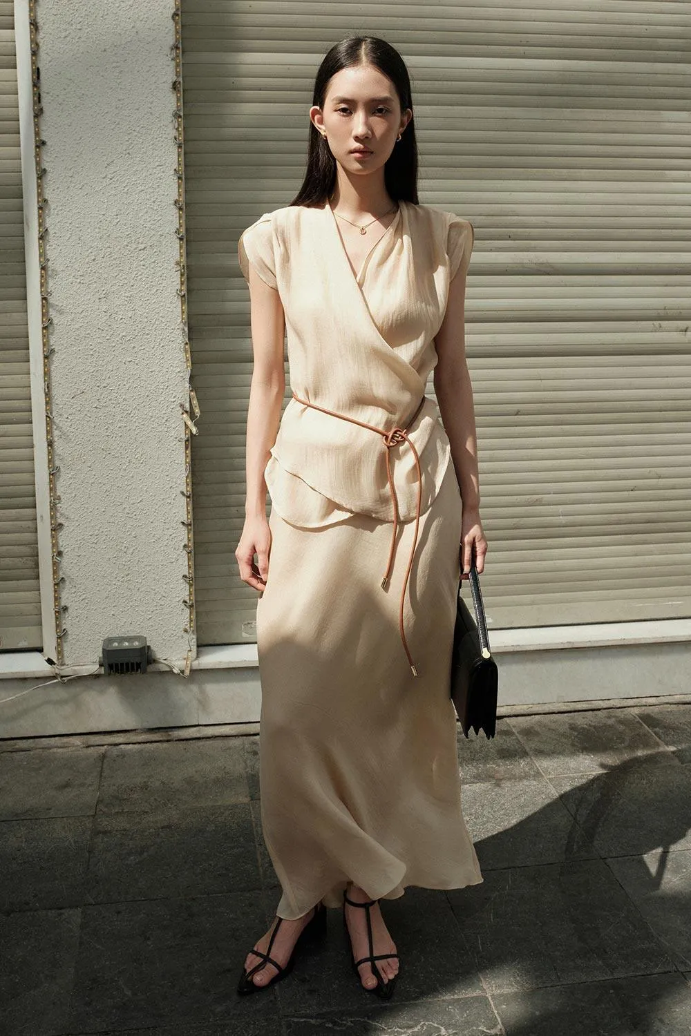 Donna Straight Wavy Silk Crepe Ankle Length Skirt