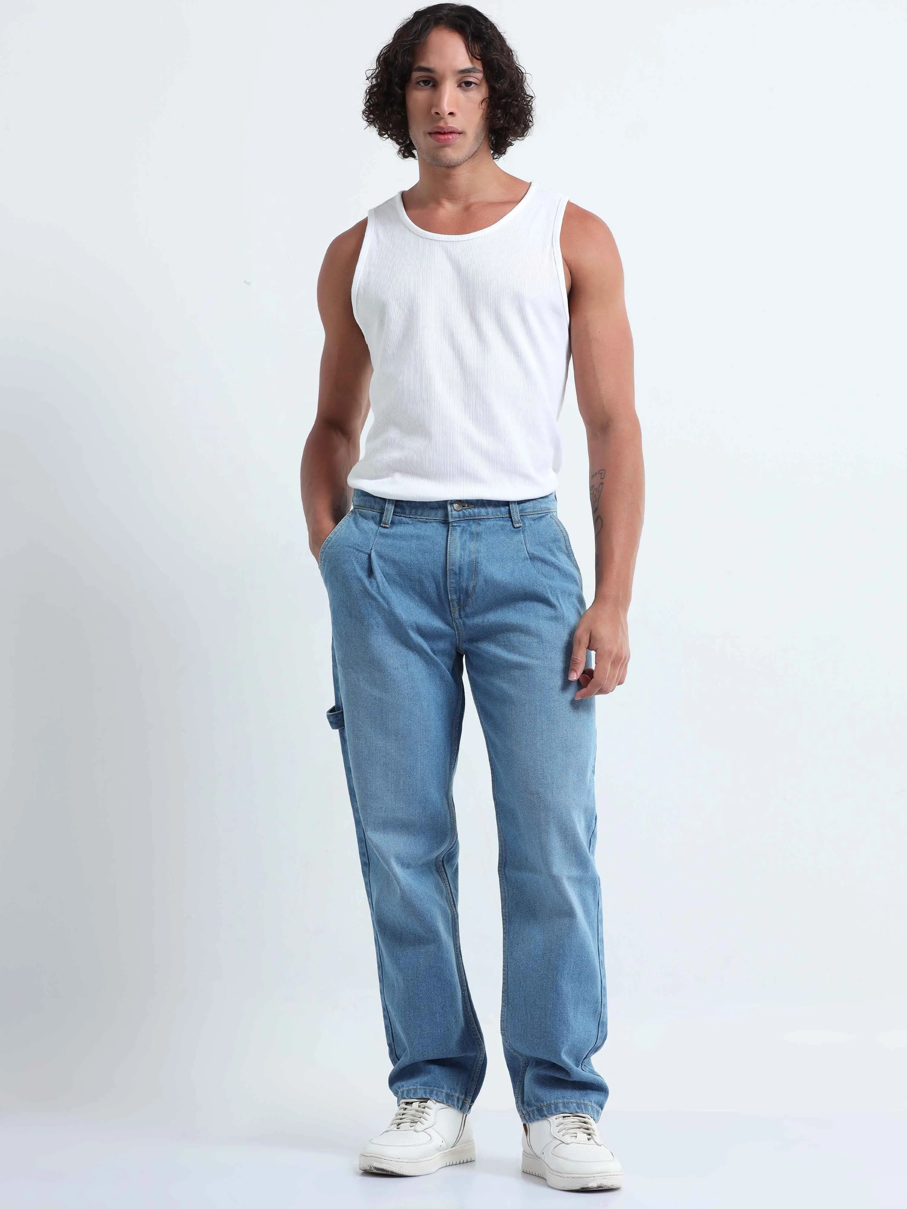 Duca Relaxed Mid Blue Pleated Denim