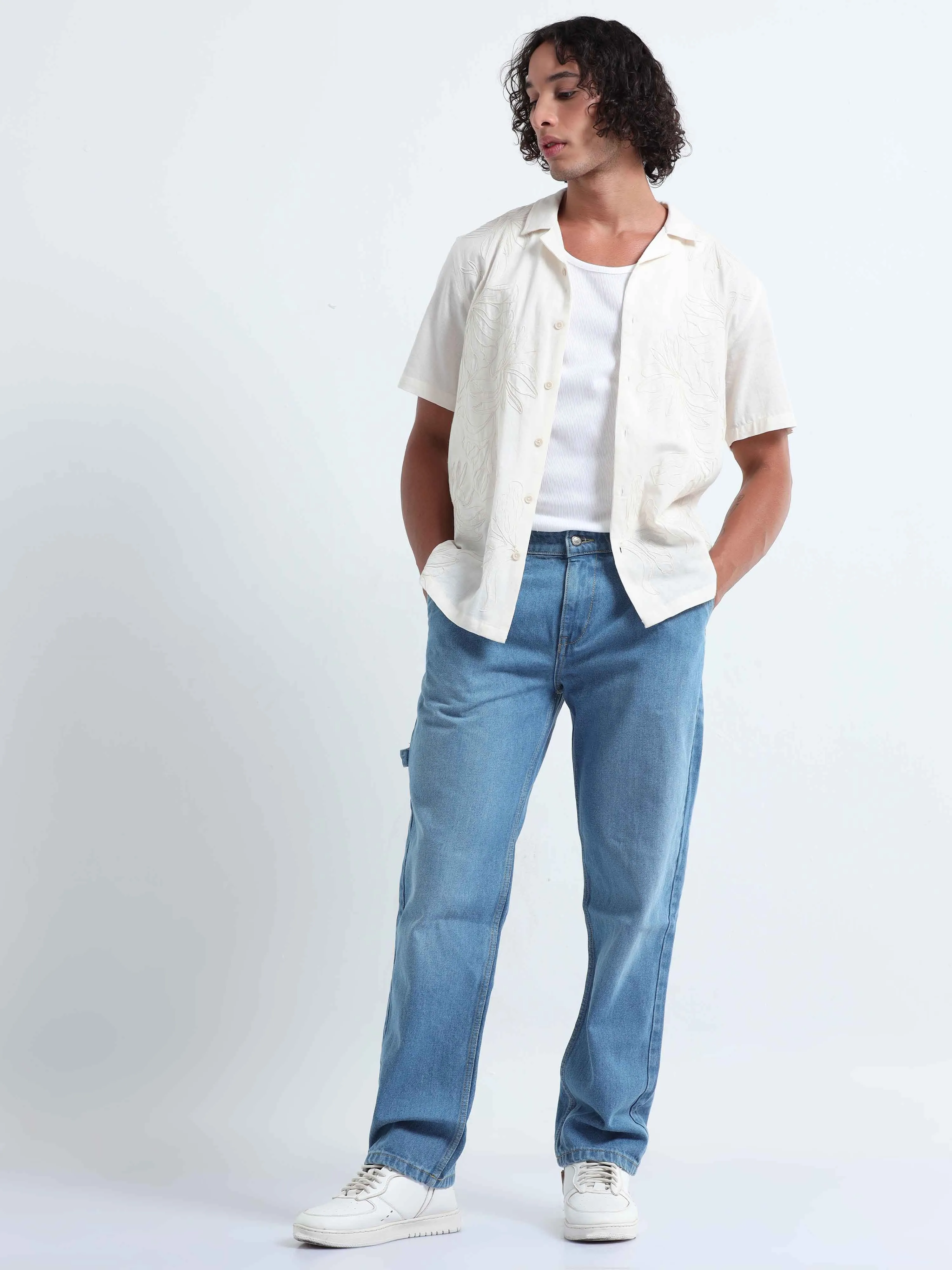 Duca Relaxed Mid Blue Pleated Denim
