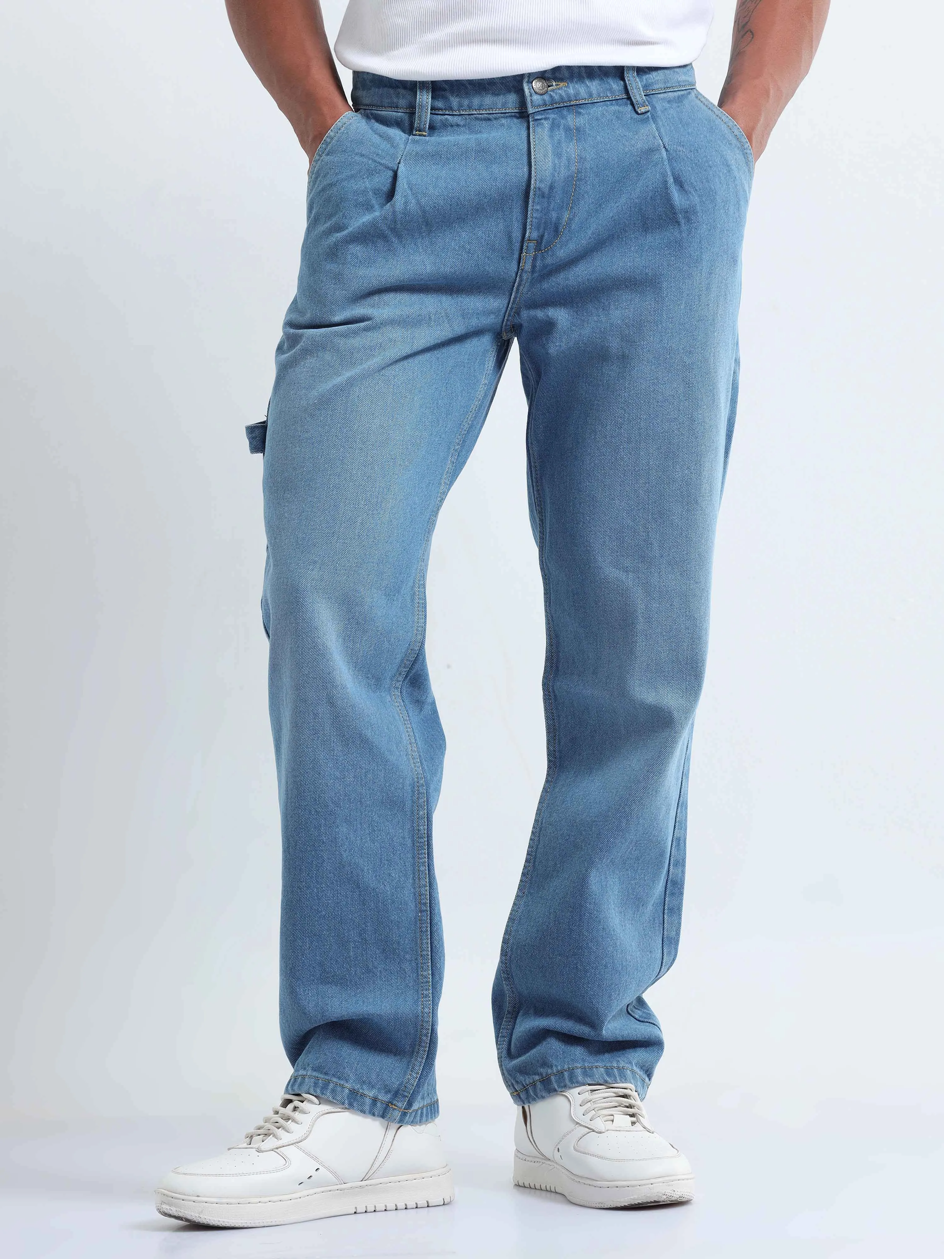 Duca Relaxed Mid Blue Pleated Denim