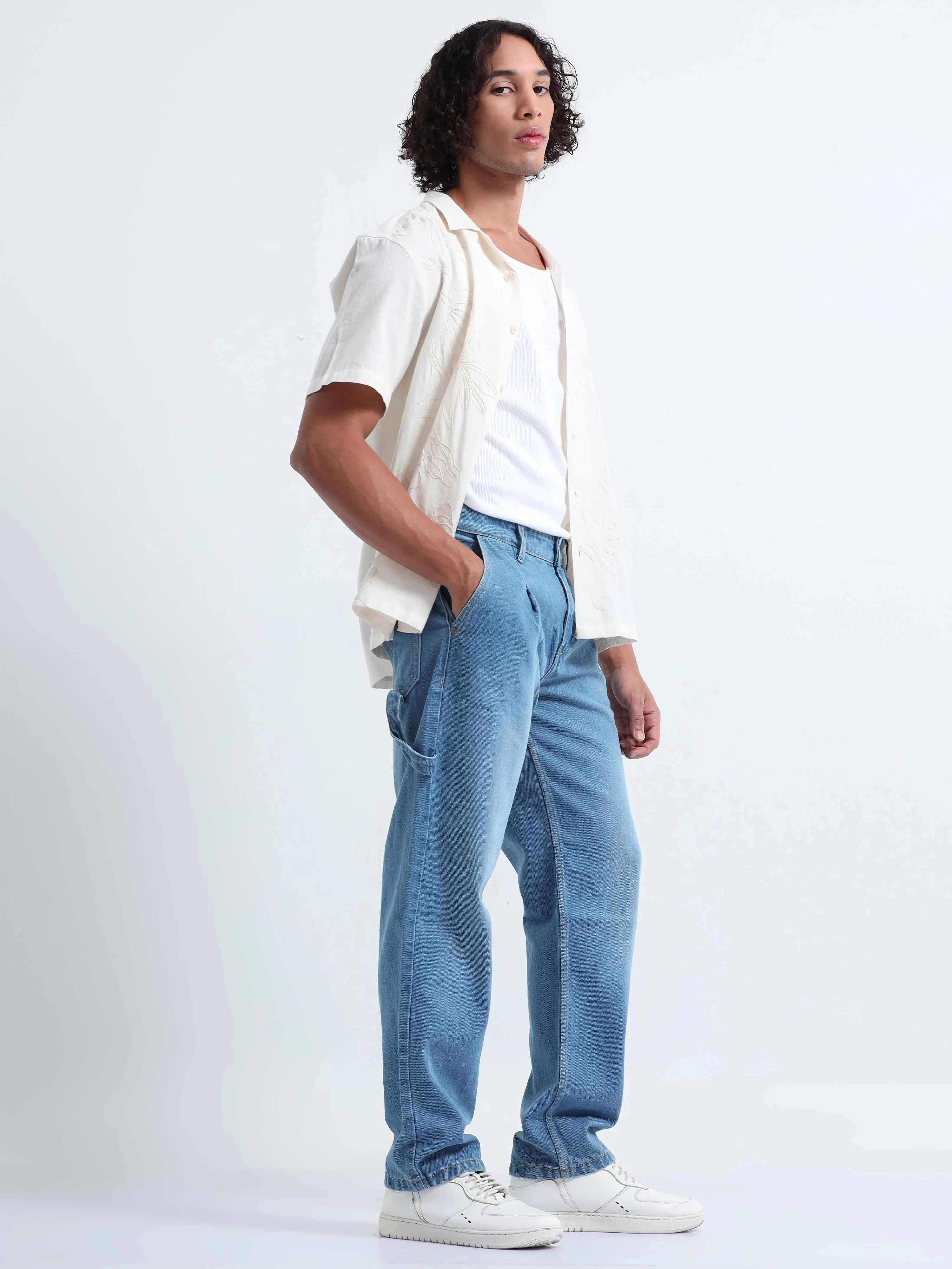 Duca Relaxed Mid Blue Pleated Denim