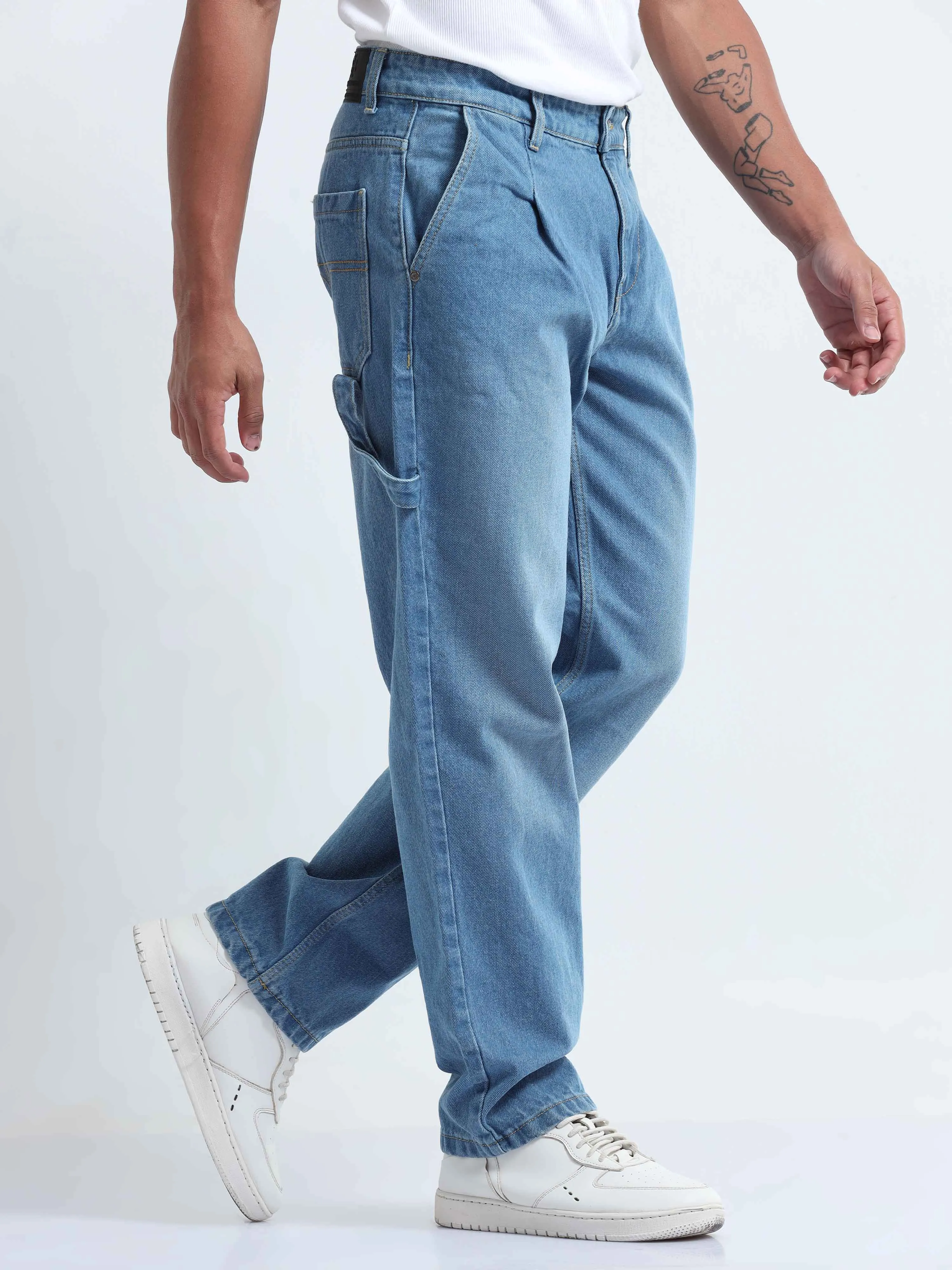 Duca Relaxed Mid Blue Pleated Denim