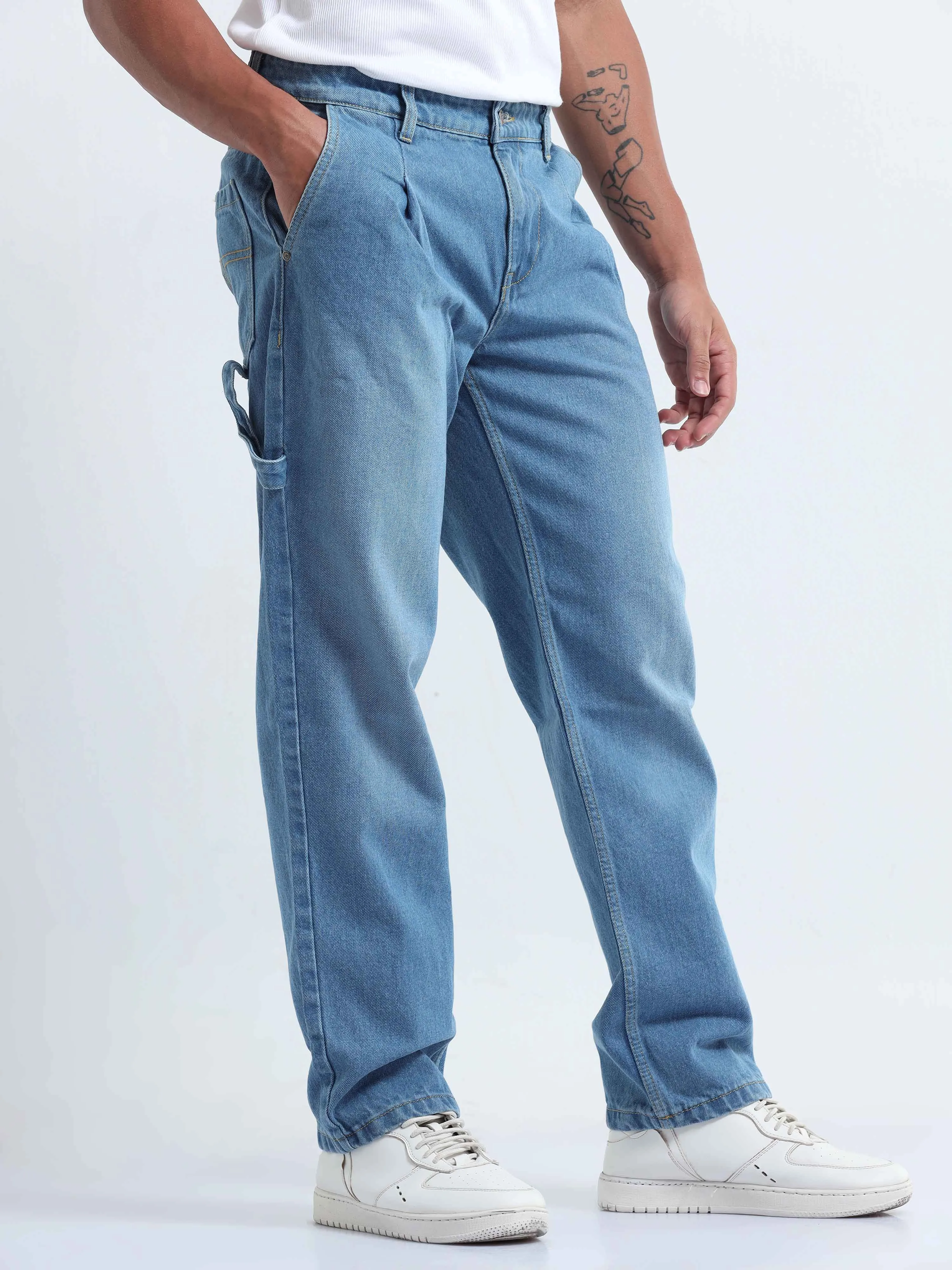 Duca Relaxed Mid Blue Pleated Denim