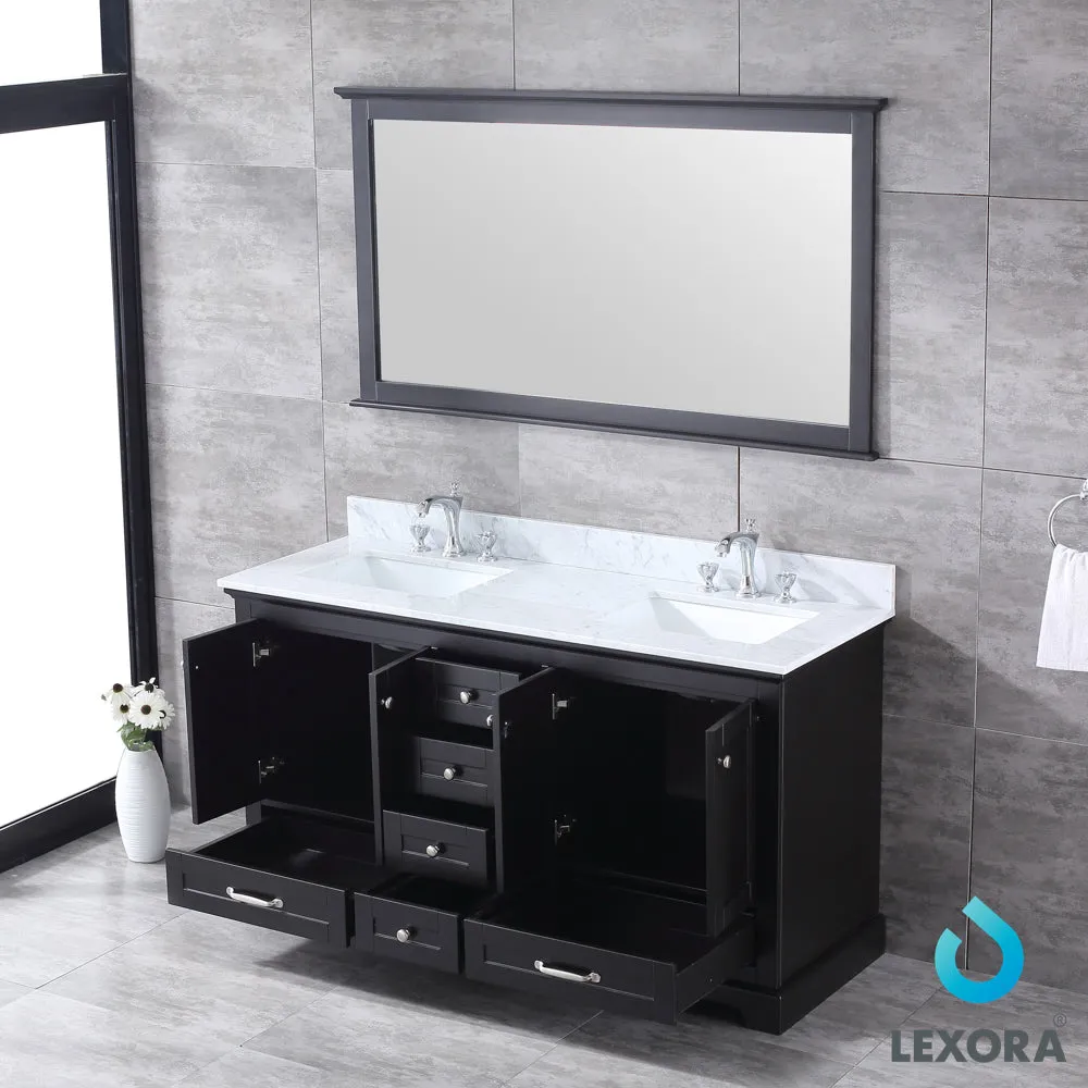Dukes 60" Double Vanity Espresso, White Carrera Marble Top, White Square Sinks and 58" Mirror