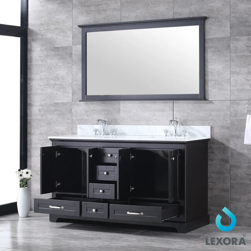 Dukes 60" Double Vanity Espresso, White Carrera Marble Top, White Square Sinks and 58" Mirror