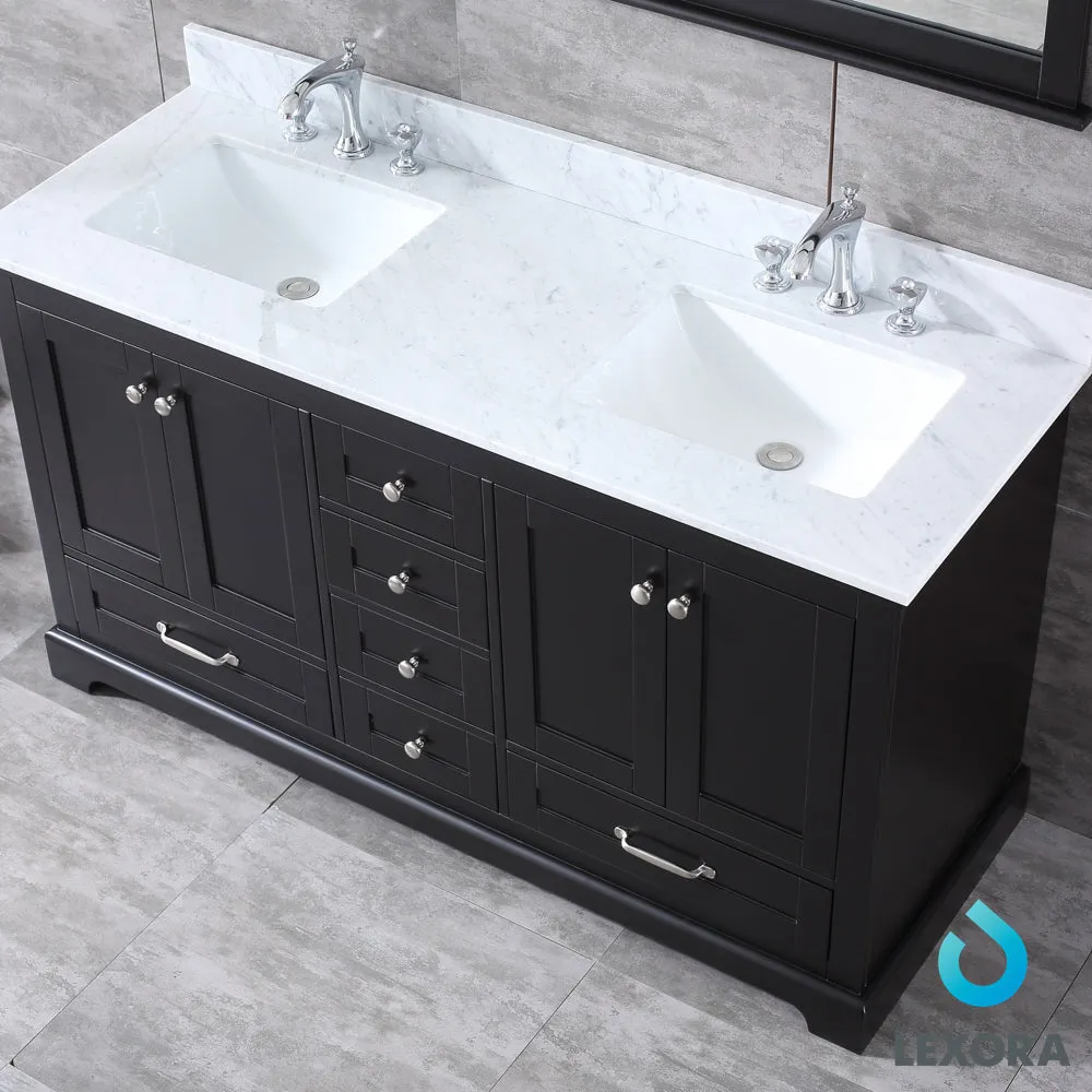 Dukes 60" Double Vanity Espresso, White Carrera Marble Top, White Square Sinks and 58" Mirror