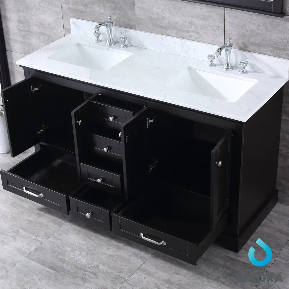 Dukes 60" Double Vanity Espresso, White Carrera Marble Top, White Square Sinks and 58" Mirror