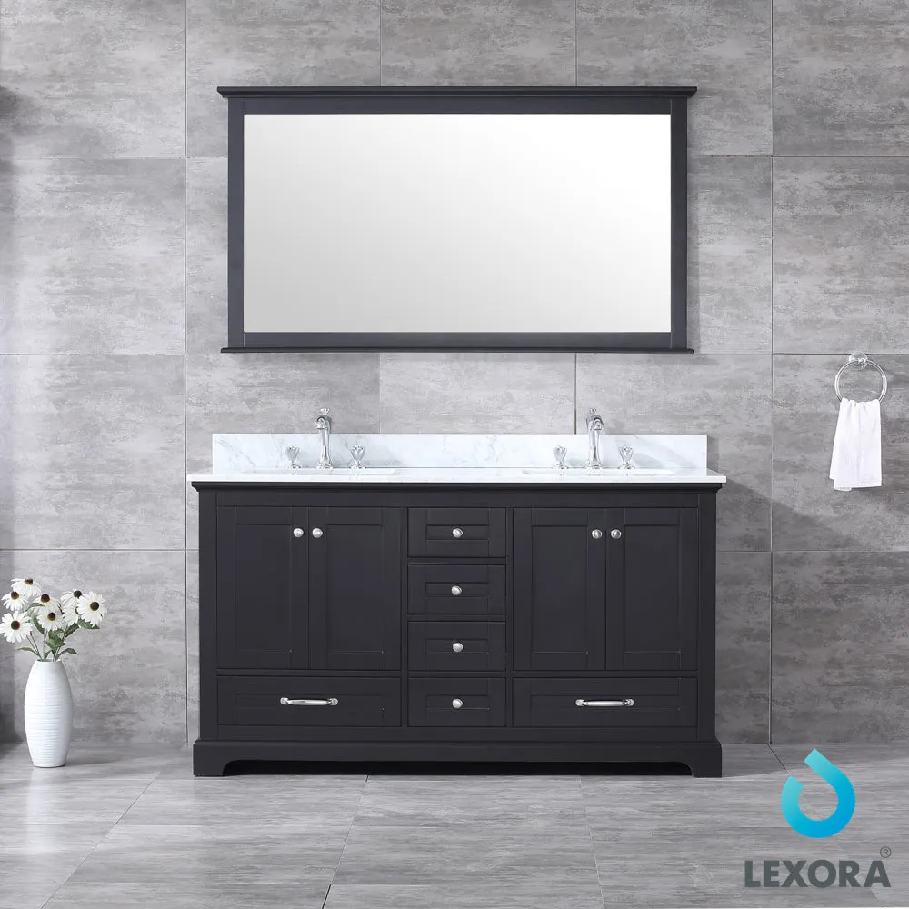 Dukes 60" Double Vanity Espresso, White Carrera Marble Top, White Square Sinks and 58" Mirror