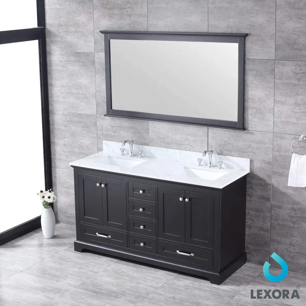 Dukes 60" Double Vanity Espresso, White Carrera Marble Top, White Square Sinks and 58" Mirror