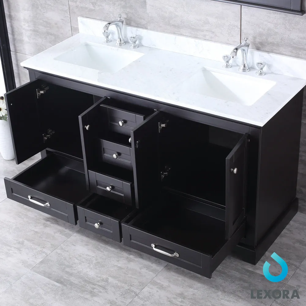 Dukes 60" Double Vanity Espresso, White Carrera Marble Top, White Square Sinks and 58" Mirror