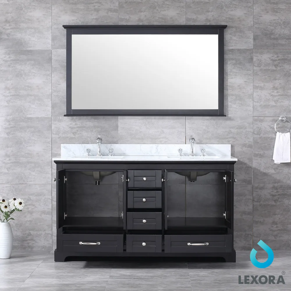 Dukes 60" Double Vanity Espresso, White Carrera Marble Top, White Square Sinks and 58" Mirror