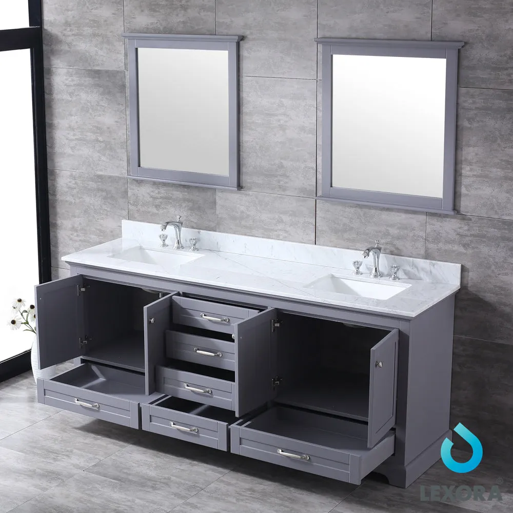 Dukes 80" Double Vanity Dark Grey, White Carrera Marble Top, White Square Sinks and 30" Mirrors