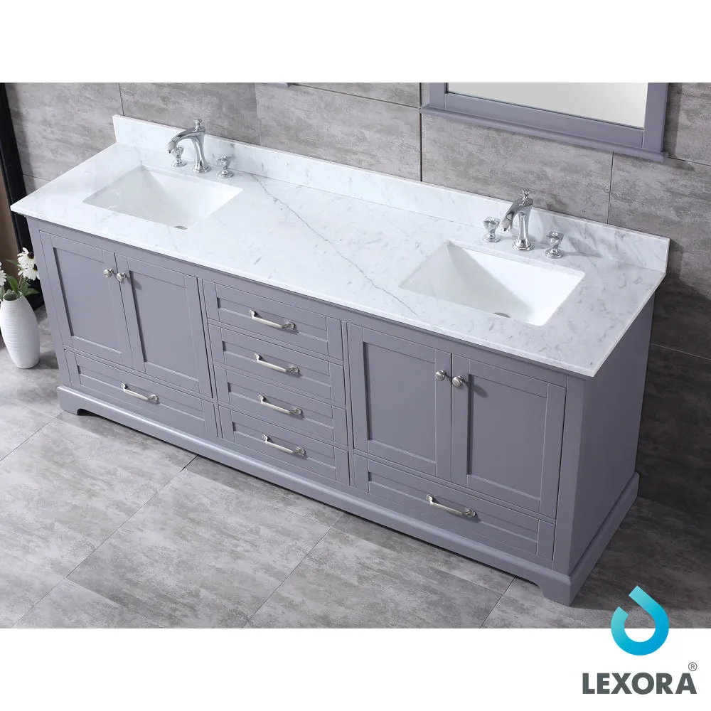 Dukes 80" Double Vanity Dark Grey, White Carrera Marble Top, White Square Sinks and 30" Mirrors