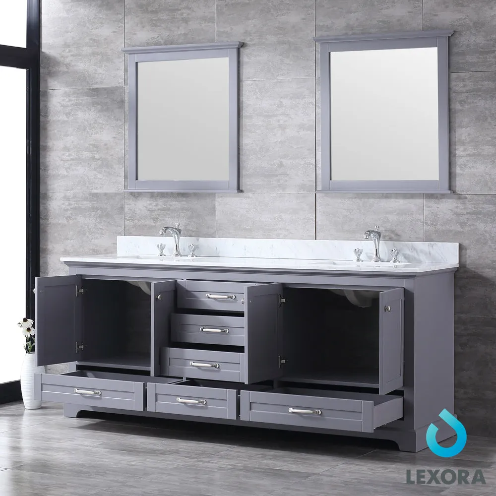 Dukes 80" Double Vanity Dark Grey, White Carrera Marble Top, White Square Sinks and 30" Mirrors