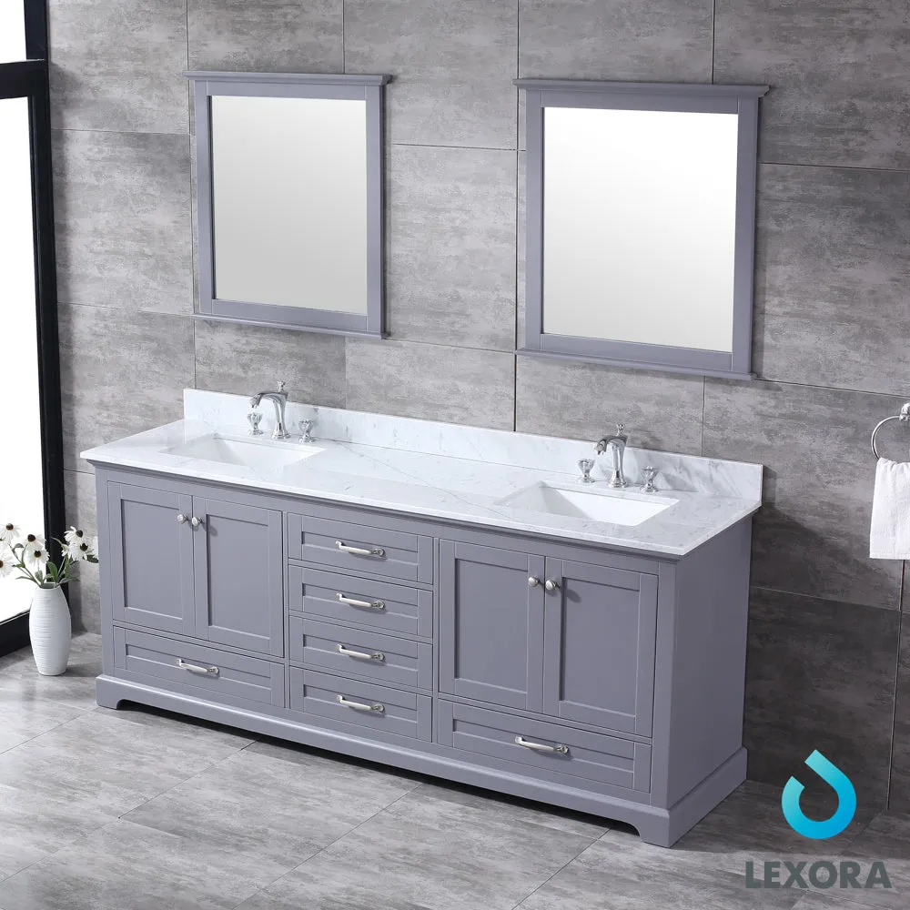 Dukes 80" Double Vanity Dark Grey, White Carrera Marble Top, White Square Sinks and 30" Mirrors