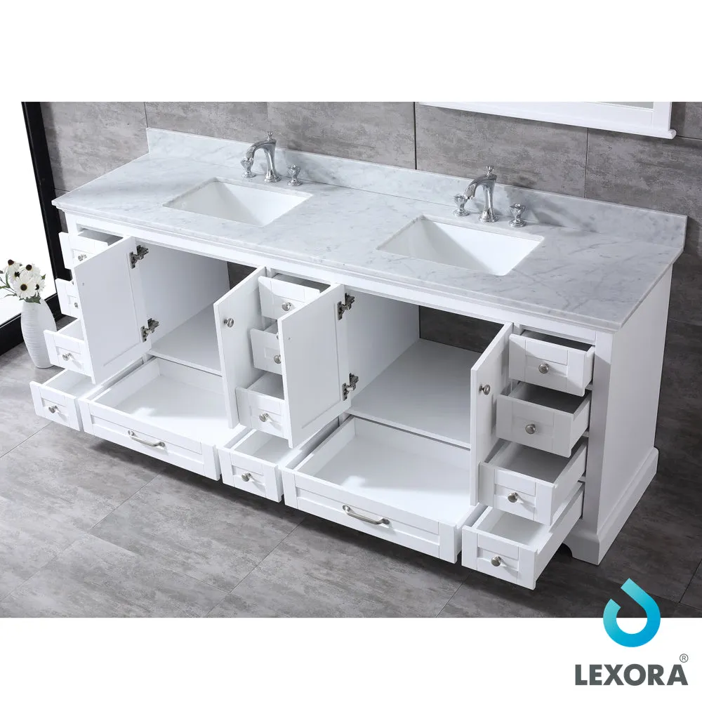 Dukes 84" Double Vanity White, White Carrera Marble Top, White Square Sinks and no Mirror