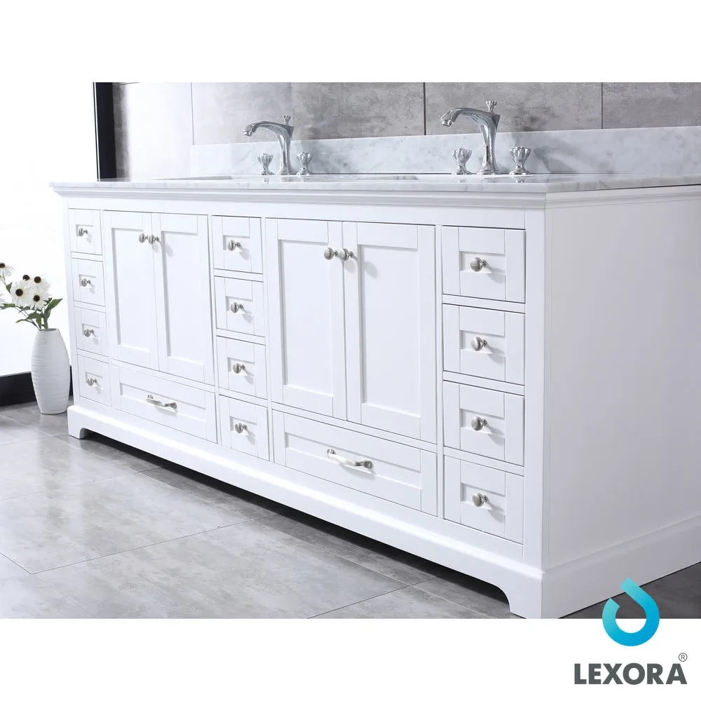 Dukes 84" Double Vanity White, White Carrera Marble Top, White Square Sinks and no Mirror