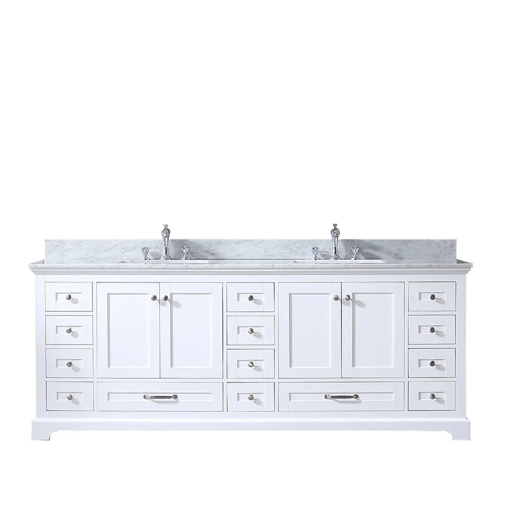 Dukes 84" Double Vanity White, White Carrera Marble Top, White Square Sinks and no Mirror