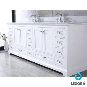 Dukes 84" Double Vanity White, White Carrera Marble Top, White Square Sinks and no Mirror