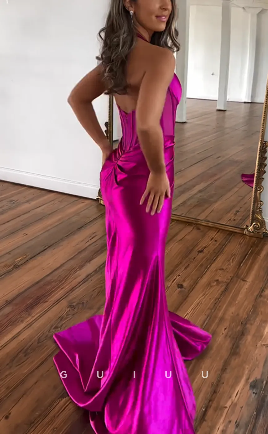 G4164 - Chic & Modern Sheath V-Neck Halter Draped Evening Gown Prom Dress with High Side Slit and Sweep Train