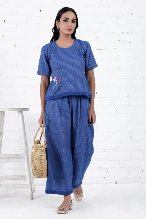 Neera Blue Hand Embroidered & Handwoven Co-Ord