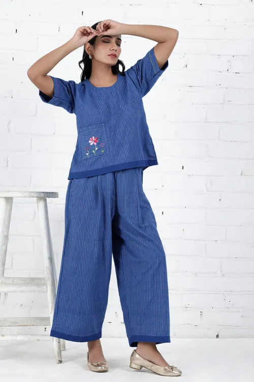 Neera Blue Hand Embroidered & Handwoven Co-Ord
