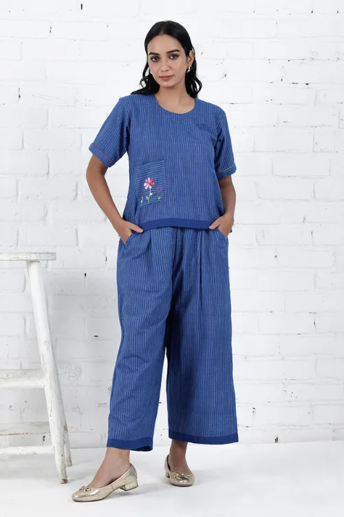 Neera Blue Hand Embroidered & Handwoven Co-Ord