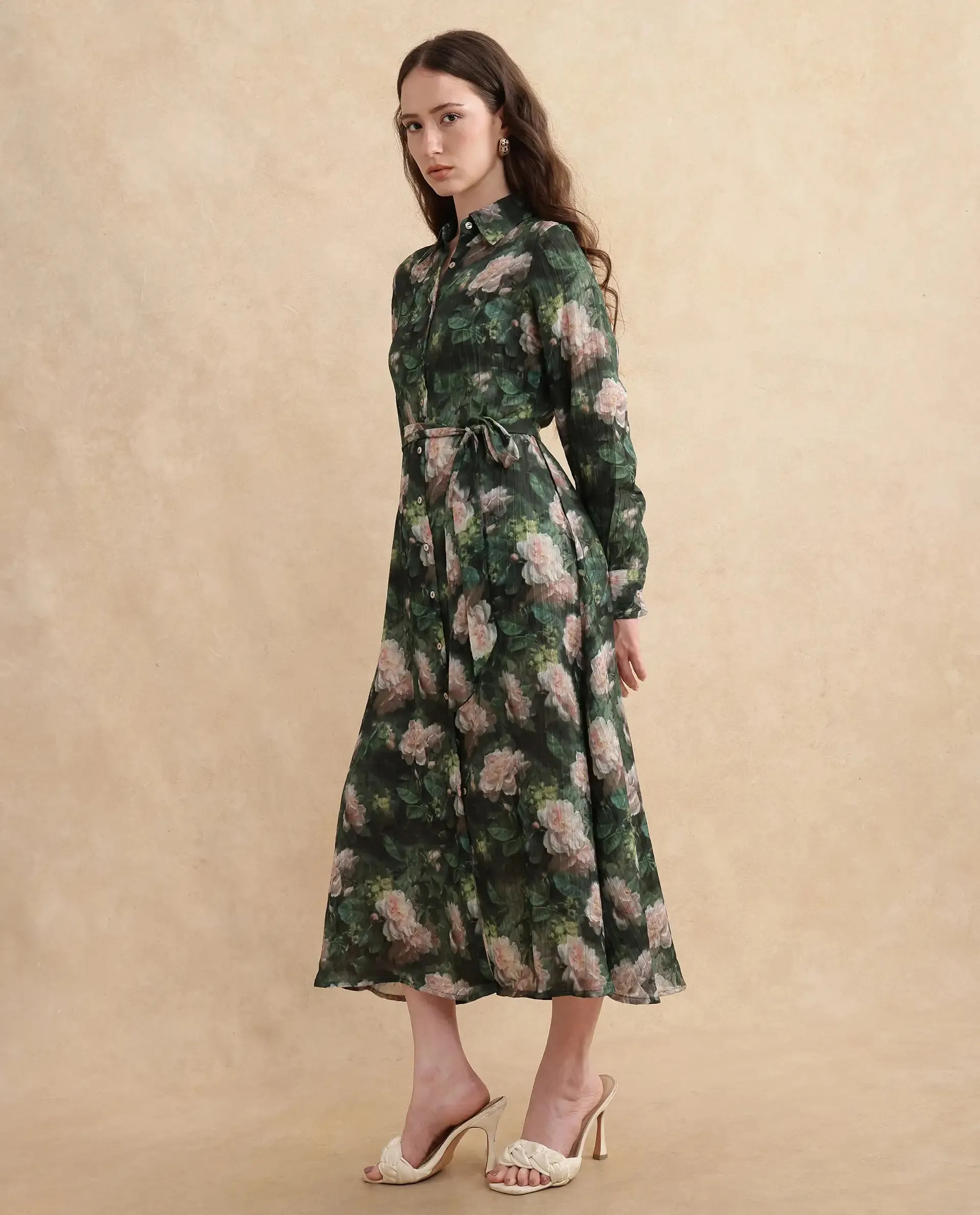 Rareism Women Lika Dark Green Full Sleeves Tie-Up Neck Button Closure Flared Fit Midi Floral Print Dress