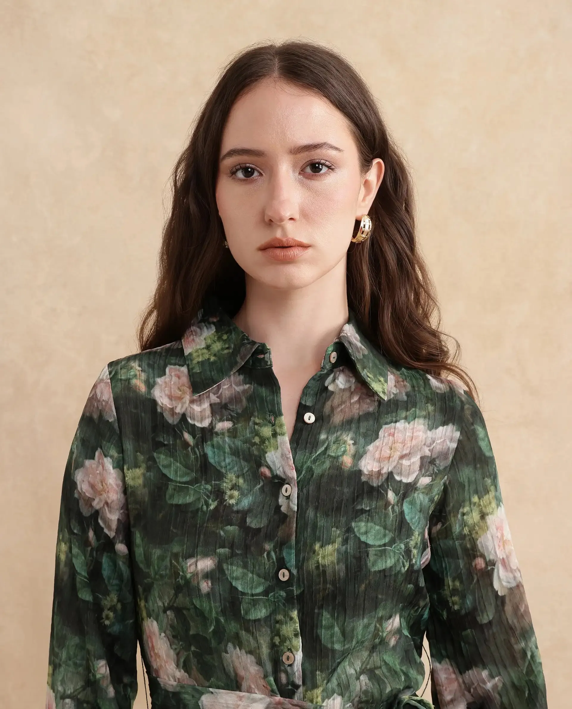 Rareism Women Lika Dark Green Full Sleeves Tie-Up Neck Button Closure Flared Fit Midi Floral Print Dress