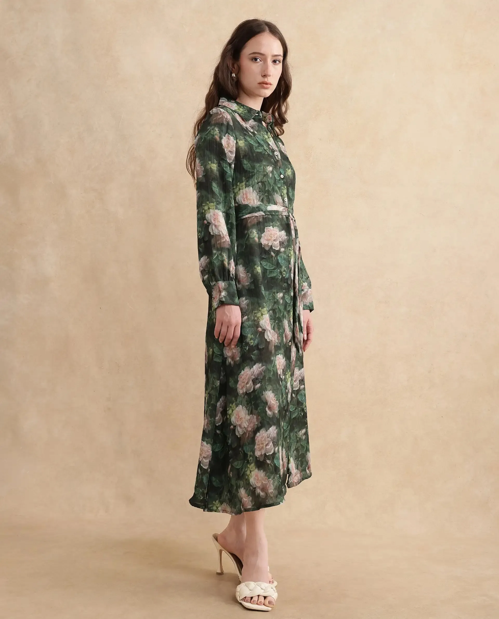 Rareism Women Lika Dark Green Full Sleeves Tie-Up Neck Button Closure Flared Fit Midi Floral Print Dress