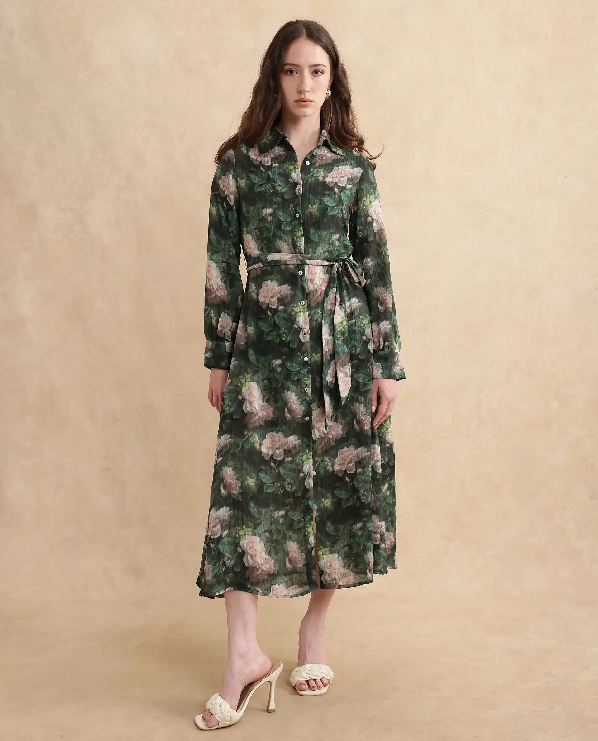 Rareism Women Lika Dark Green Full Sleeves Tie-Up Neck Button Closure Flared Fit Midi Floral Print Dress