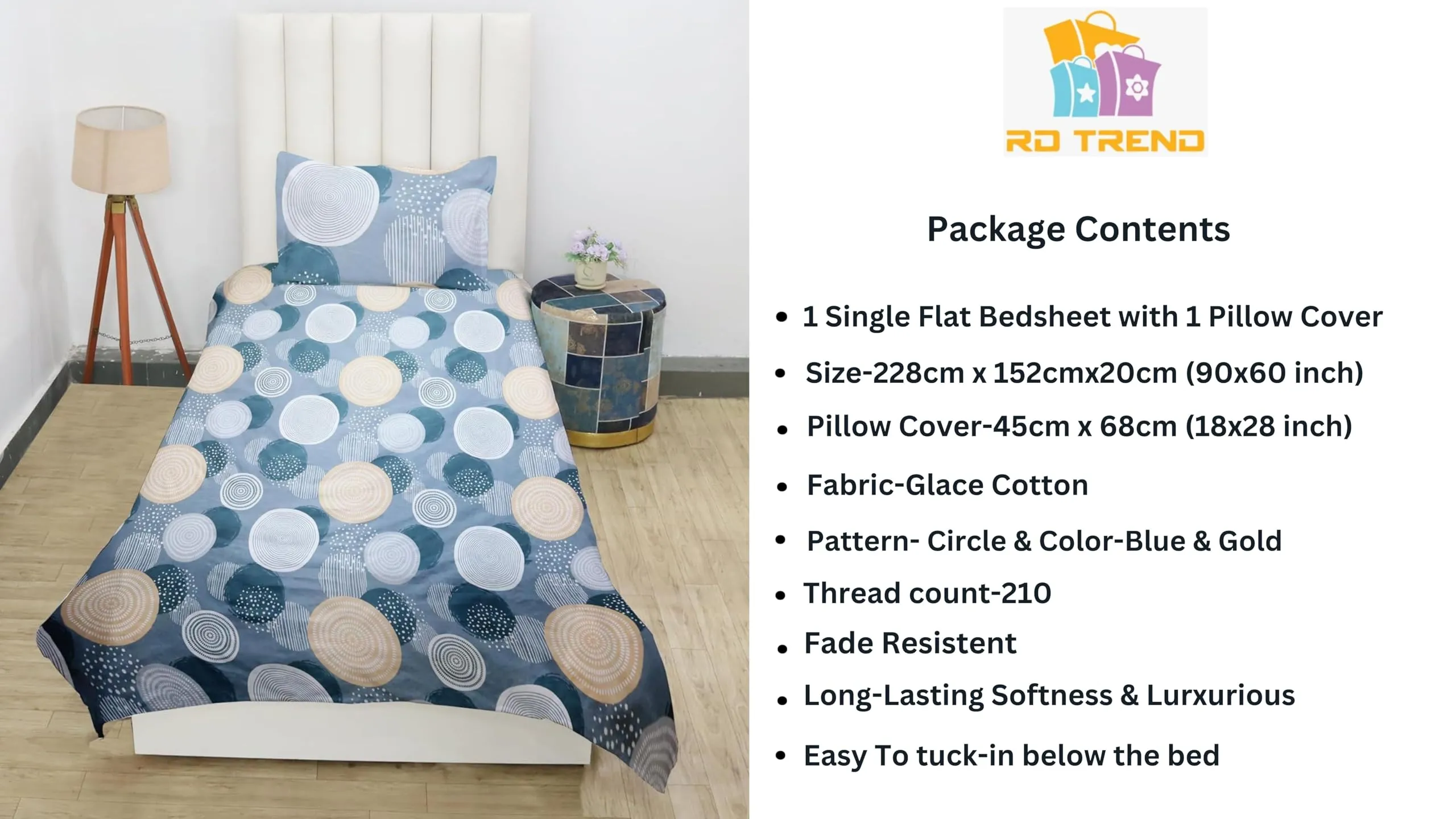 RD TREND® Presents Bedsheet for Single Bed Polycotton 210 TC, Size-60X90 Inches(152X228 CM), Single Bedsheet with Pillow Cover (18X28 Inches) Grey Gold