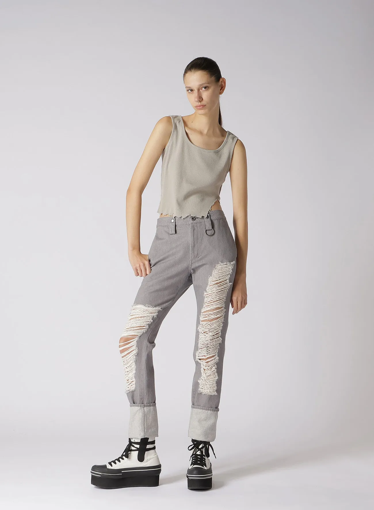 RIPPED DENIM SLIM SLIT PANTS