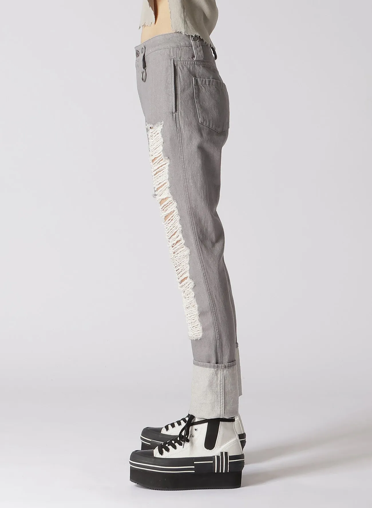 RIPPED DENIM SLIM SLIT PANTS
