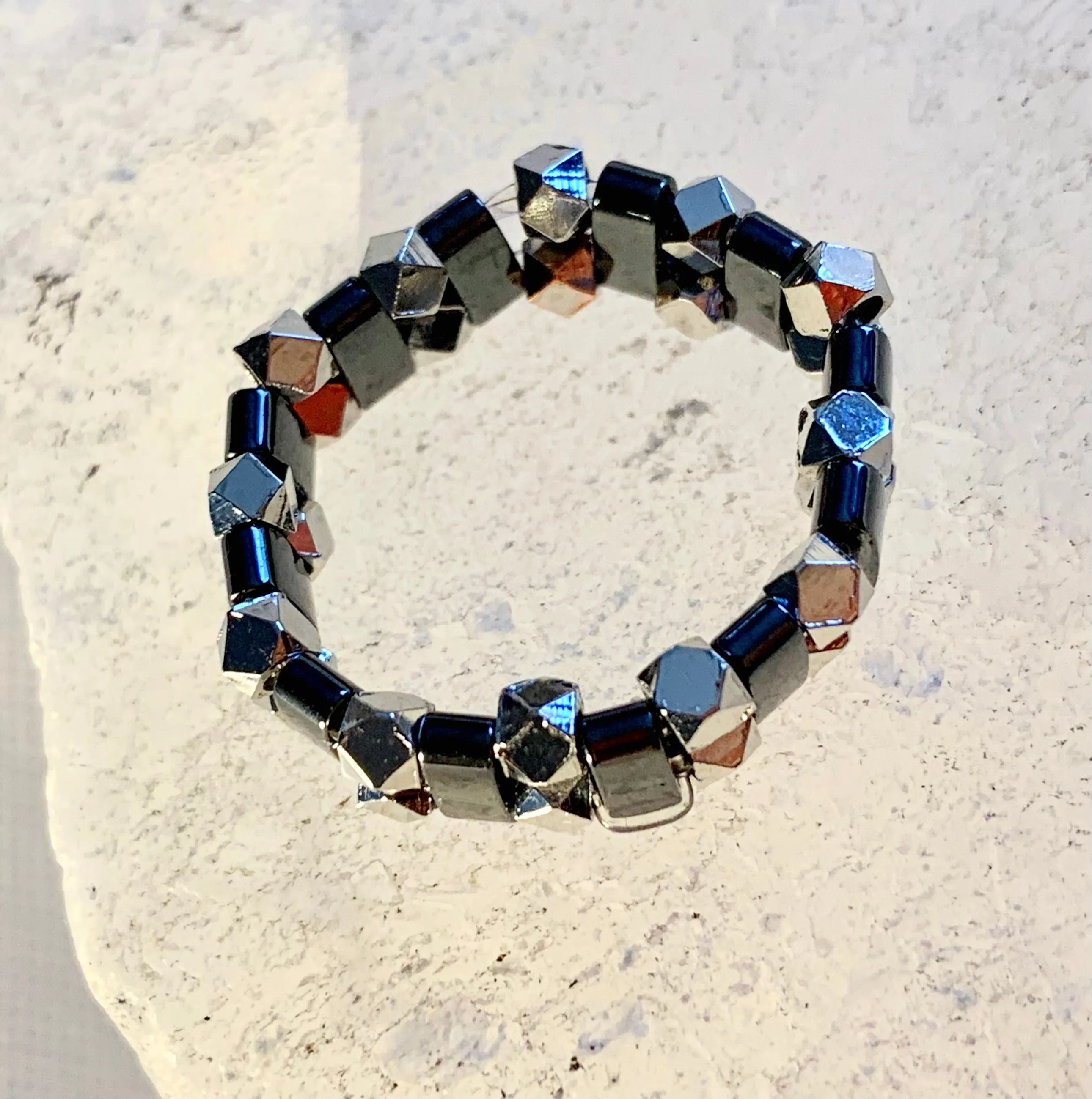 Spiky Handmade Black and Silver Hematite Expandable Ring Size 6-7